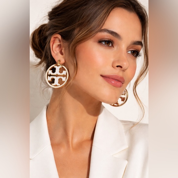 Tory Burch Jewelry - Tory Burch Oversized Logo Hoop Earrings Gold White Enamel NWT Valentines Gift
